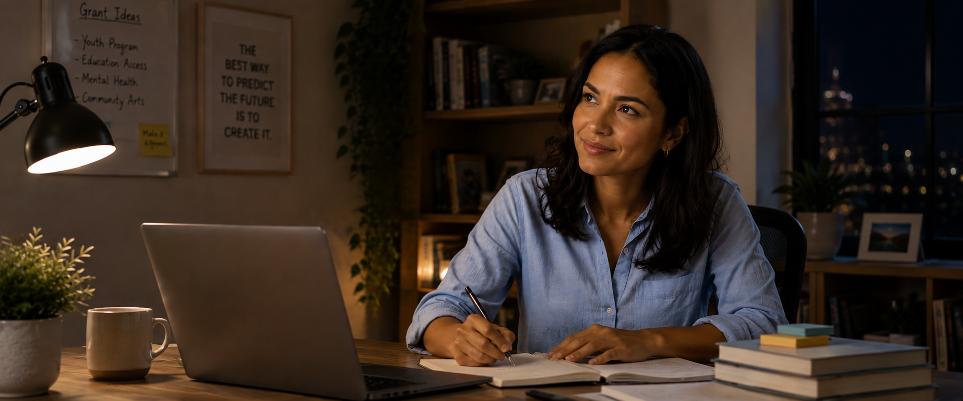 An image of a hopeful-looking person, seated in front of a laptop, writing in a notebook. In the background is a corkboard full of pithy inspirational notes.