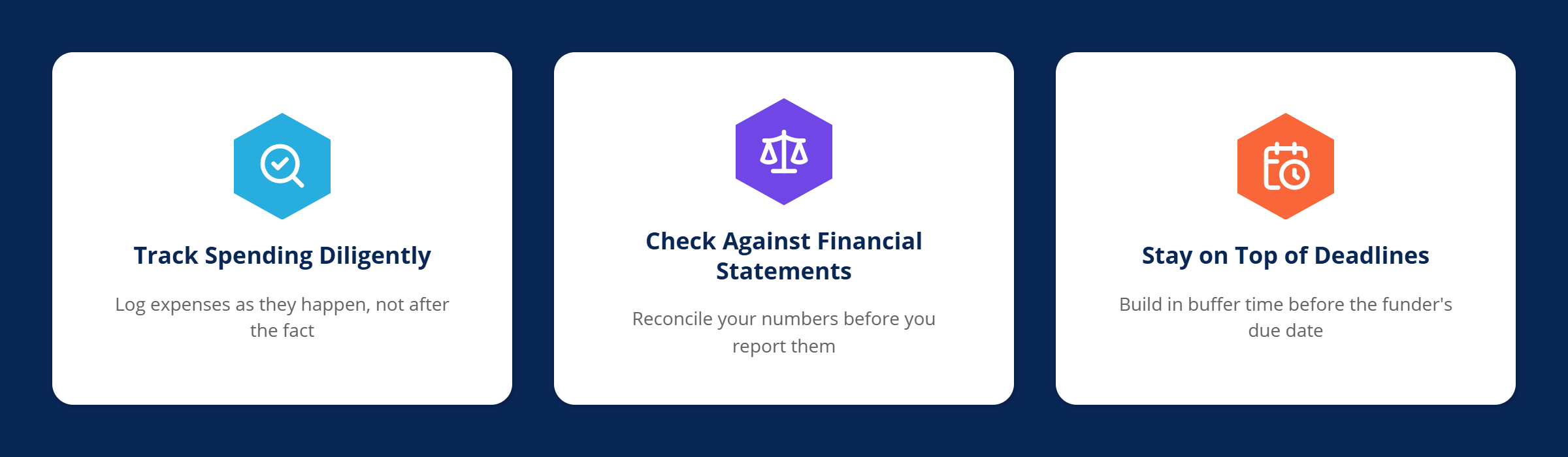3 grant reporting best practices: track spending diligently, check spending against financial statements, and stay on top of deadlines.